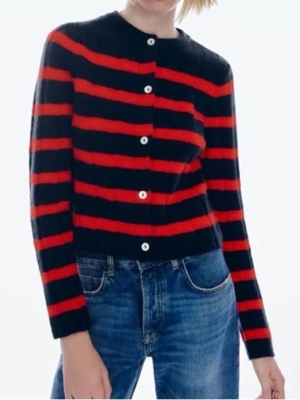 Zara Navy and Red Striped Button-Up Cardigan